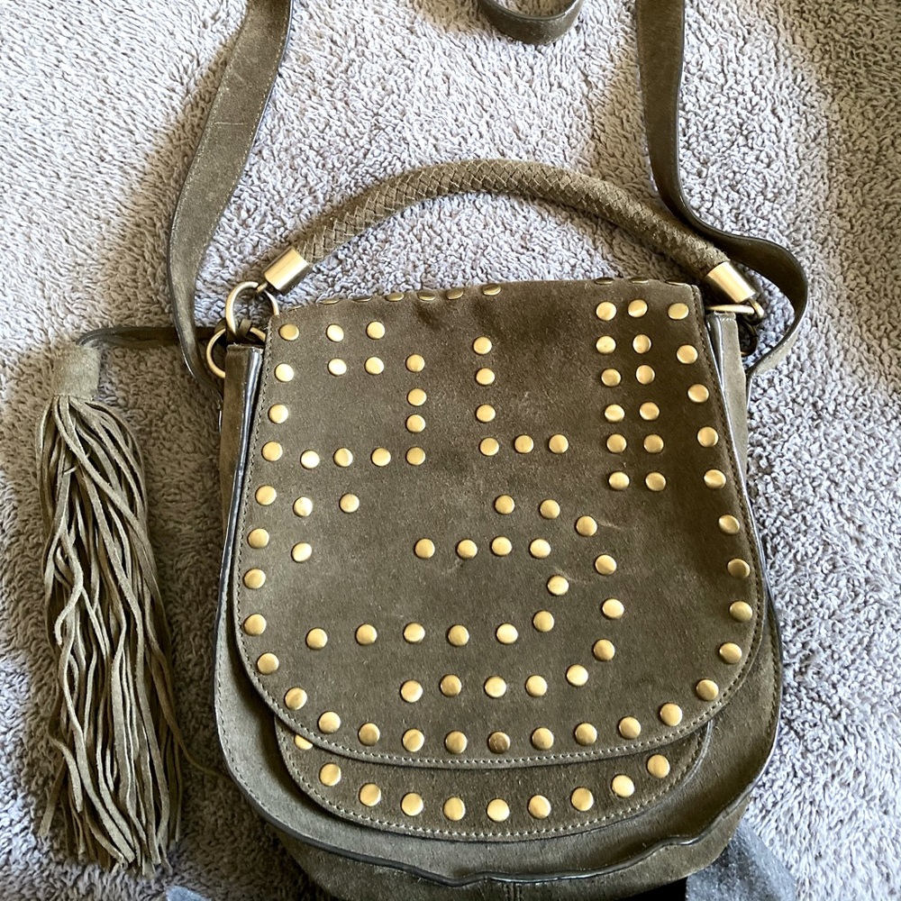 Olive green. Suede. Crossbody bag